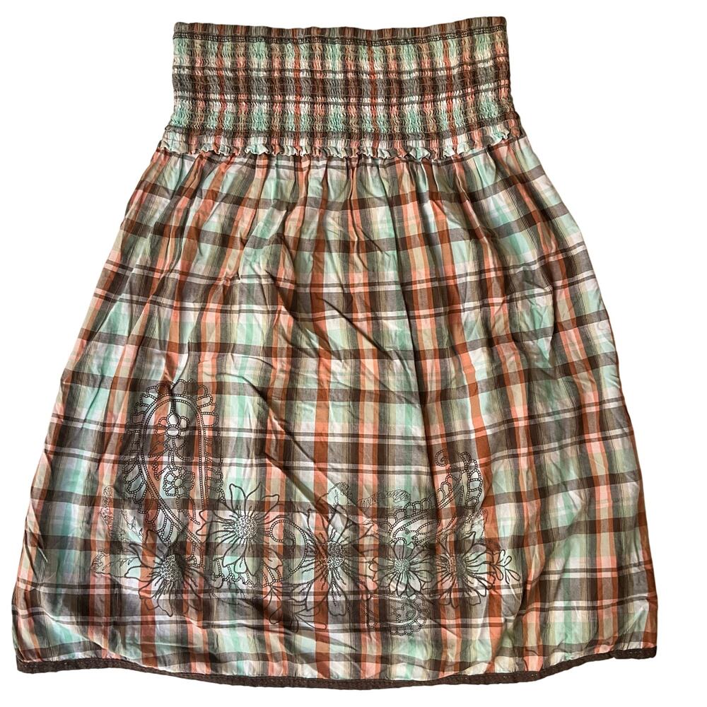 Mossimo Supply women Skirt size L Plaid Orange Blue Knee Length Floral Embroid